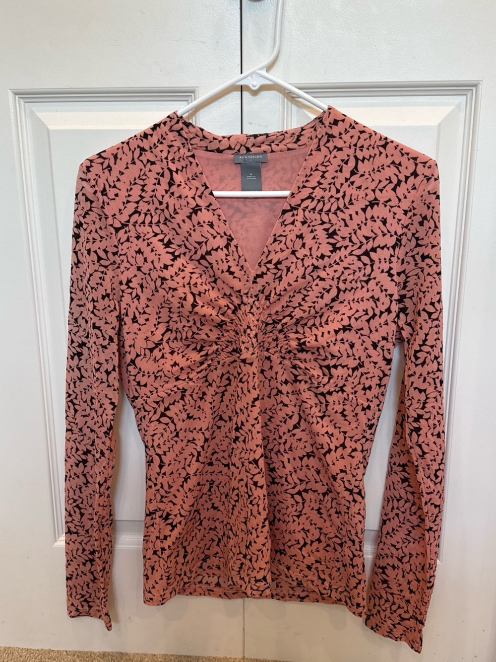 Ann Taylor Coral Pink and Black Leaf-Print V-Neck Top